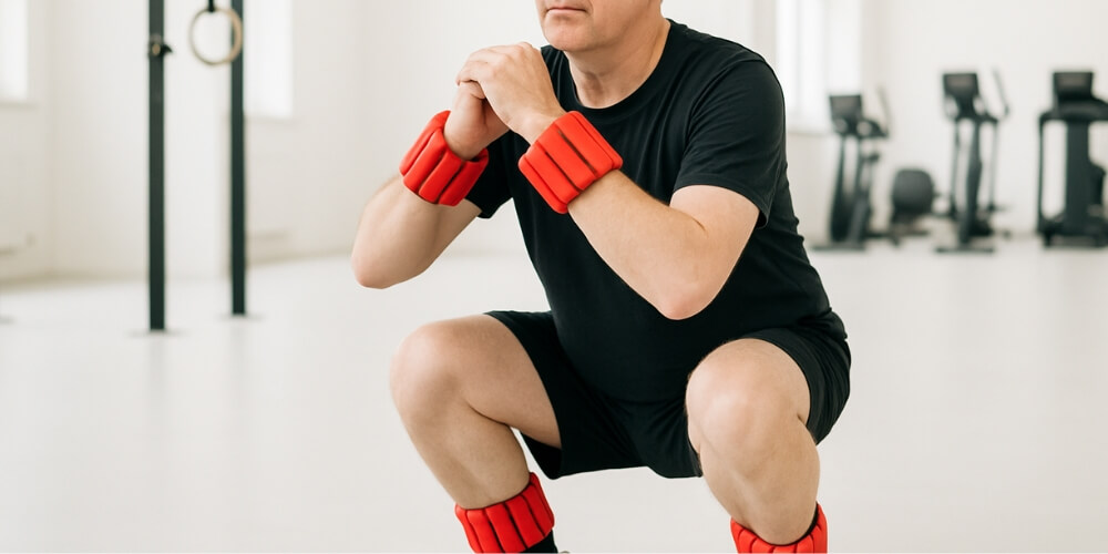 Senior citizen exercising with weighted bracelets gym-with-weighted-bracelets